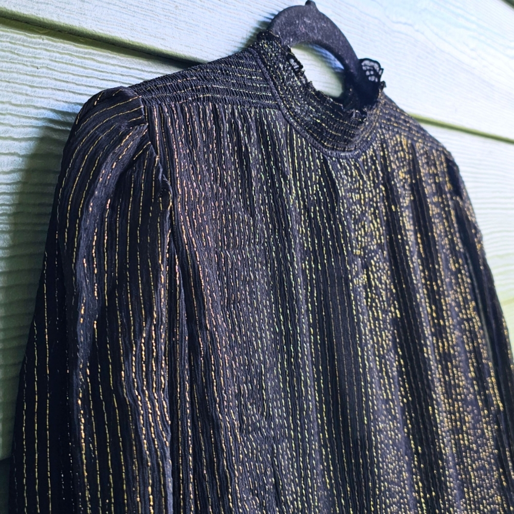 A.L.C Black Metallic Gold Allover Stripes, Mock Neck Long Sleeve Silk Blous Top - Picture 4 of 7